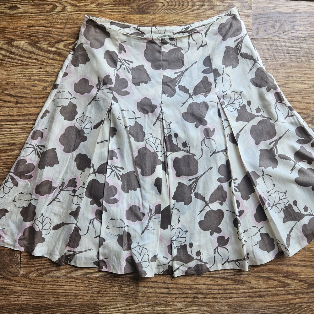 Banana Republic Silk Cotton Women 6 Beige Brown Cream Floral Midi Skirt Feminine